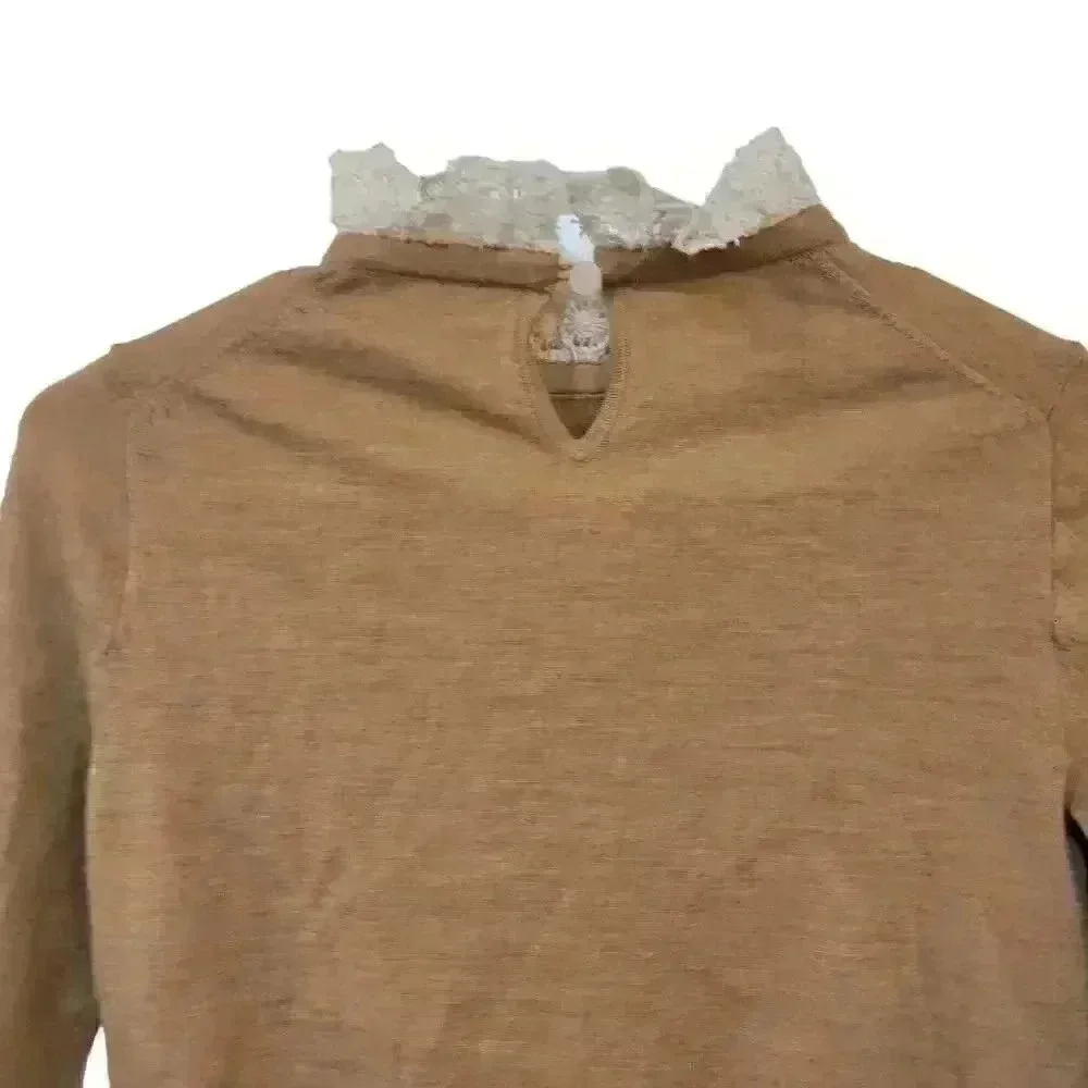 J. Crew Women's Heather Tan Merino Wool Lightweight Knit Antique Lace Collar Lon